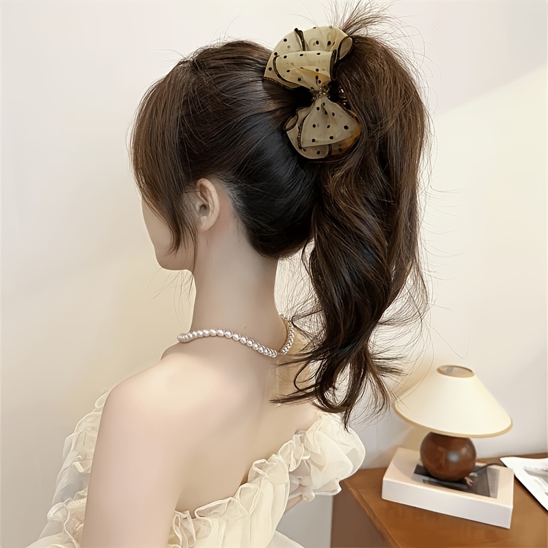Image of 1pc Mesh Polka Dot Bow Hair Claw Clip, Women' Rhinestone Bow Hair Clip, Medium Hair Clip For Styling, Suitable For Daily And Holiday Parties, Women's Fashion Hair Accessories