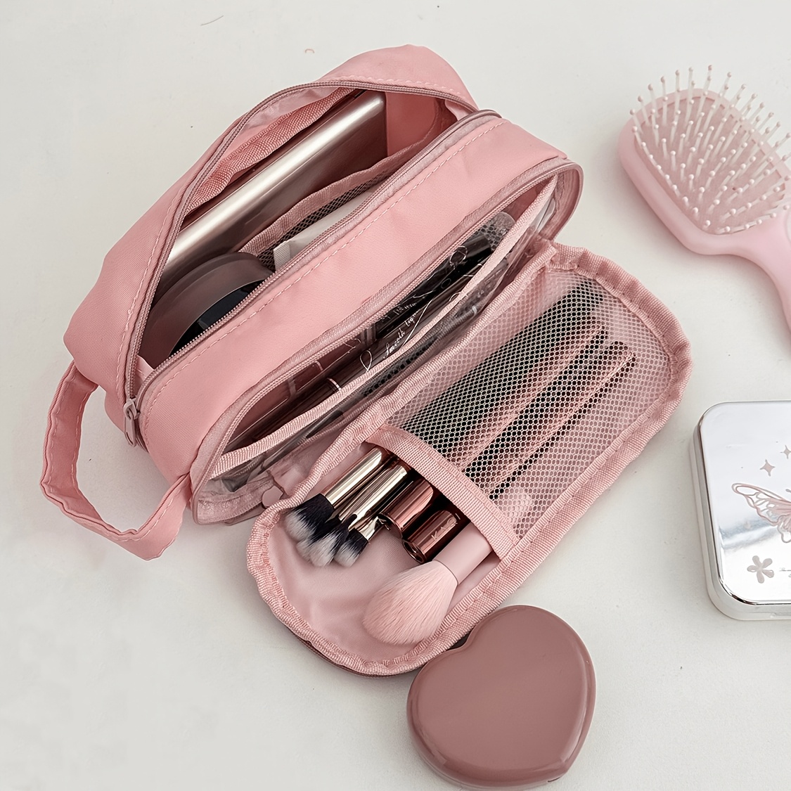 Solid Color Multi-compartment Makeup Bag, Lightweight Handheld Large Capacity Cosmetic Organizer, Portable Travel Toiletry Storage Bag