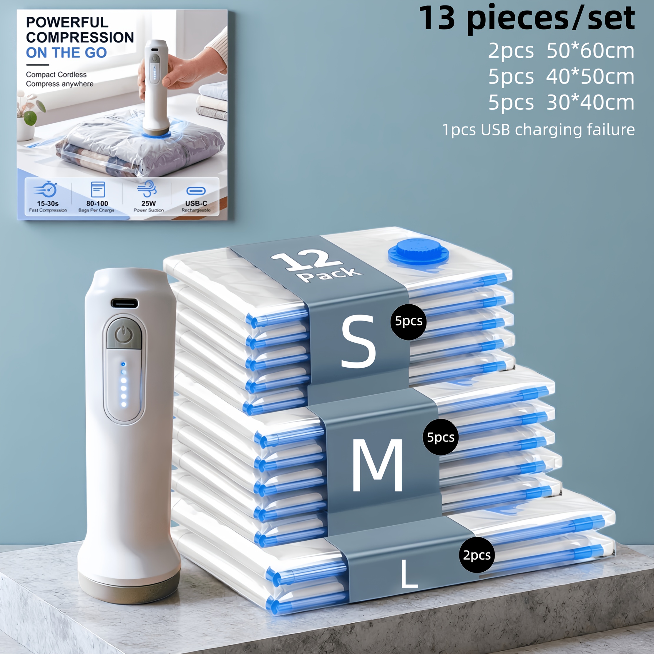TEMU Ensemble de 13 pièces - Différentes tailles, sacs de compression sous vide et pompe à air électrique USB, avec câble de chargement, batterie