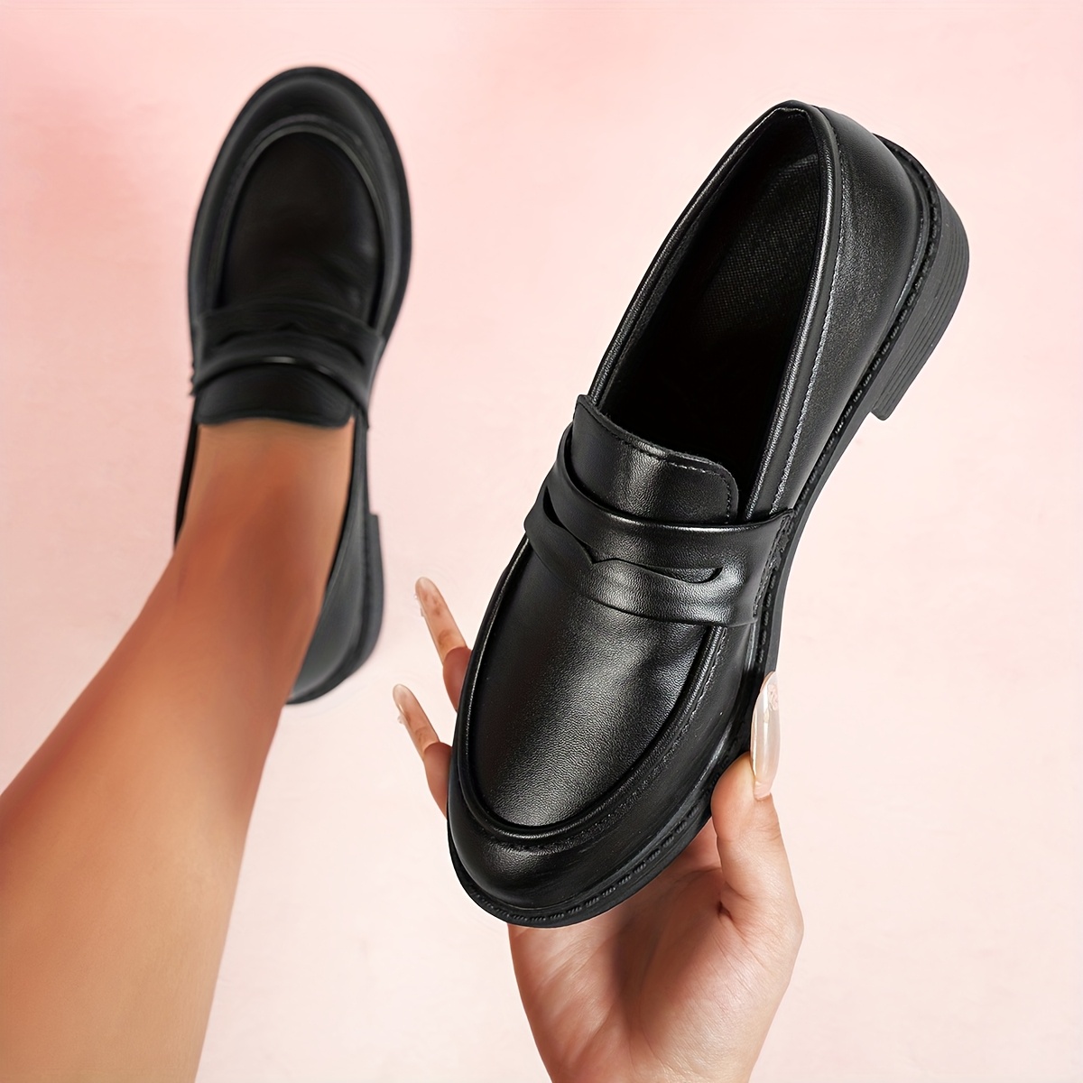 Women'S Black Loafers Pointed Toe Slip-On Shoes with Decorative Strap,  Vintage Style, Rubber Sole Casual Formal Wear, Casual Footwear