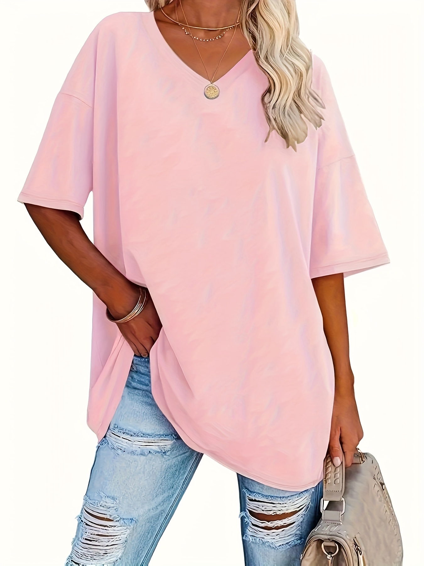 Ensemble de 3 T-Shirts Décontractés pour Femmes à Col en V, Tissu en Maille 95% Polyester 5% Élasthanne, Couleur Unie, Élasticité Moyenne, Coupe Ample à Manches Courtes pour le Printemps/Automne
