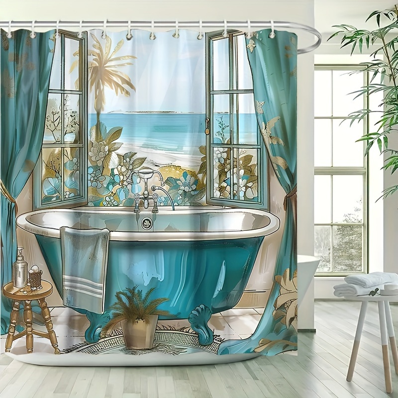 

Chic Floral Print Shower Curtain Set - Waterproof, No-drill Polyester With Hooks Included - Perfect For Bathroom Decor & Parties