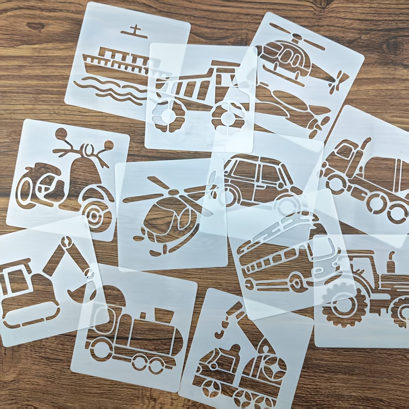 TEMU Pochoirs de dessin de transport 10x10cm, modèles de peinture en plastique réutilisables, de voiture, train, hélicoptère, pelleteuse pour