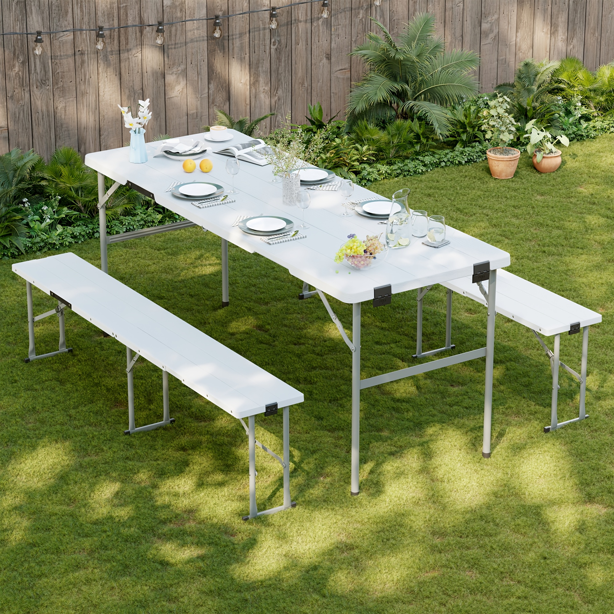 TEMU Picnic Table Set With 2 Benches, 6 Feet Folding Camping Table Chair Set With Wood Grain Tabletop, 3pcs Outdoor Indoor Portable Folding Furniture