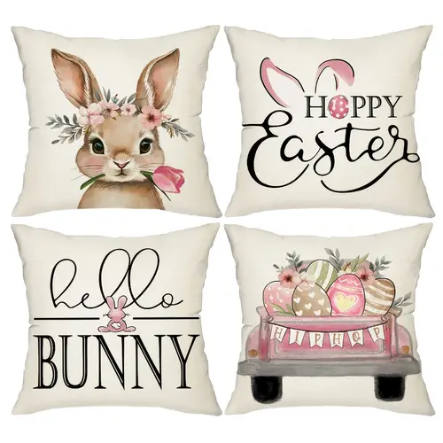 set of 4 easter printed throw pillow covers cute bunny truck home decor cushion covers 18 18 summer seasonal farmhouse holiday pillowcases for porch couch sofa living room outdoor patio without pillow inserts