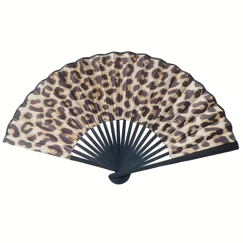 Image of Elegant Leopard Print Folding Fan With Black Frame - Stylish Princess Theme Lightweight Portable Handheld Fan For Women, Fashionable Accessory For Beach, Travel & Formal Events, Cute Portable Fan