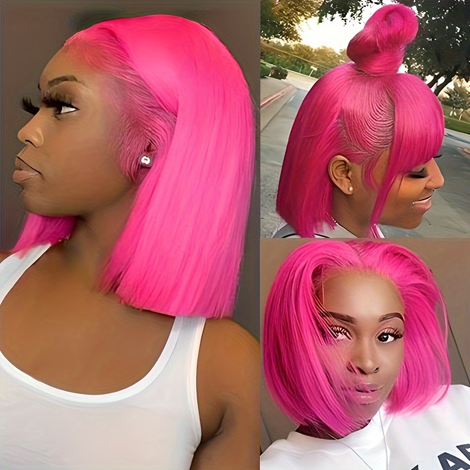 TEMU Pink Colored 13x4 Transparent Lace Front Wig Straight Bob Lace Front Human Hair Wig 13x4 Transparent Lace Frontal Wigs For Women