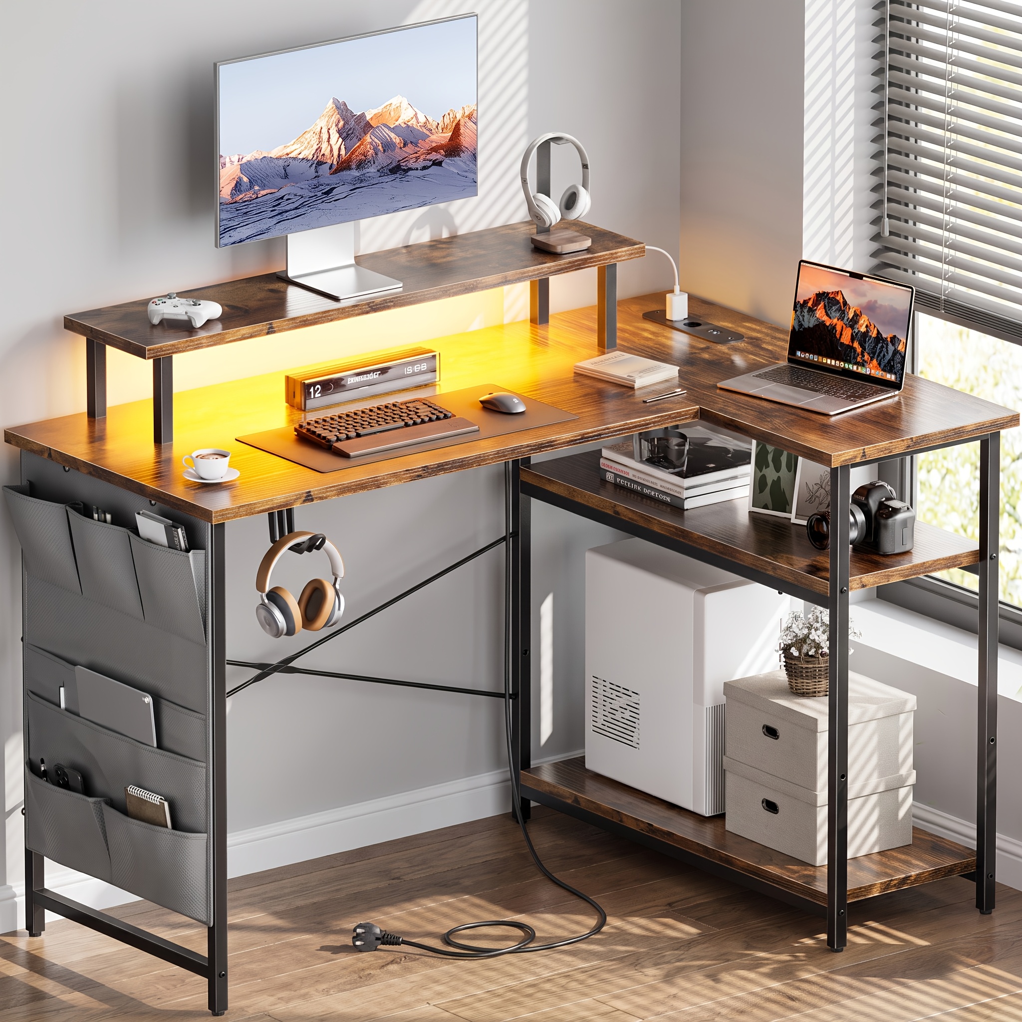 Image of 44 Inch L Shaped Computer Desk With Power Outlet, Gaming With Led Lights, Home Office Table With Storage Shelves & Monitor Stand For Bedroom