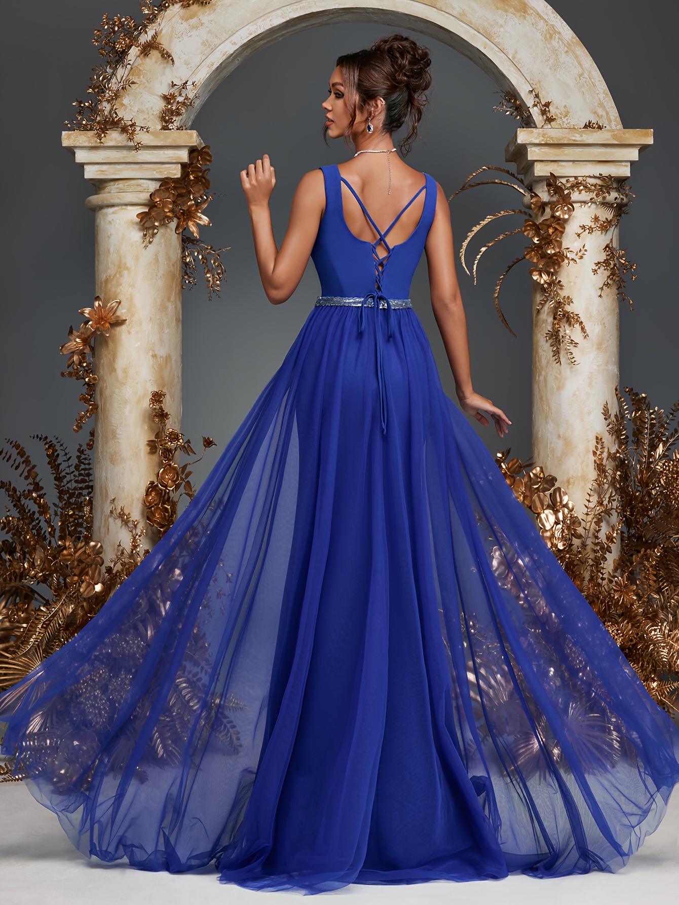 royal blue dress formal Unique Royal Blue Off-the-shoulder Sequins Prom Dress with Slit main image 1