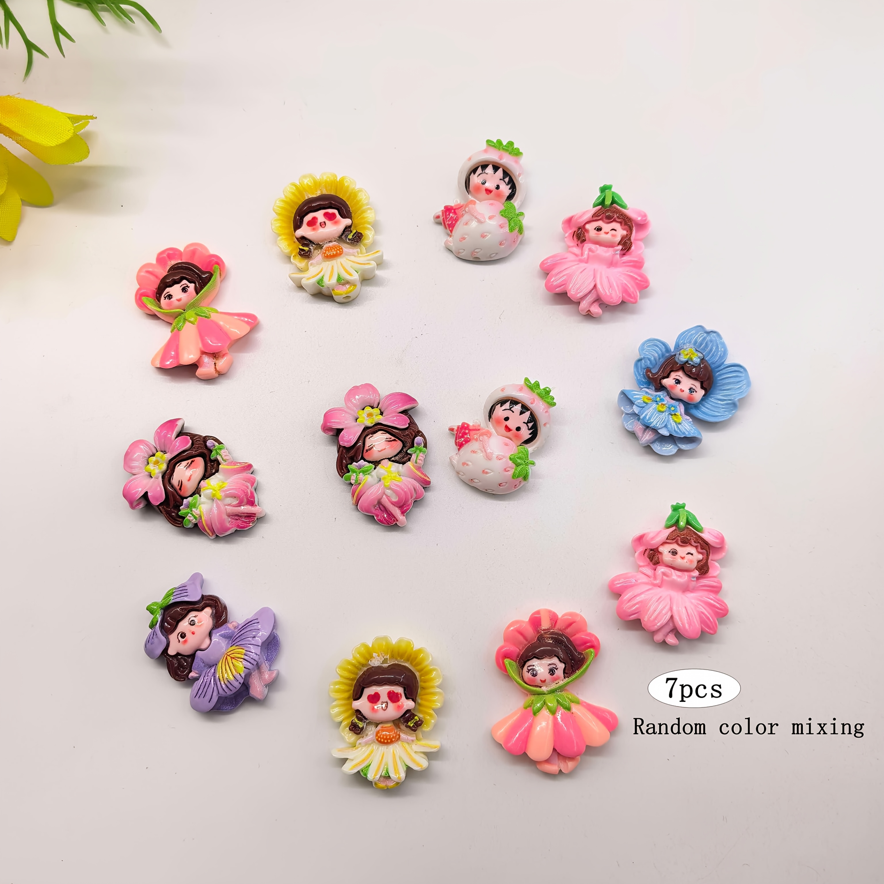 TEMU Lot de 7 perles décoratives en résine à à travers le trou, motif fée des fleurs, couleurs mélangées aléatoires, pour la fabrication d'ornements