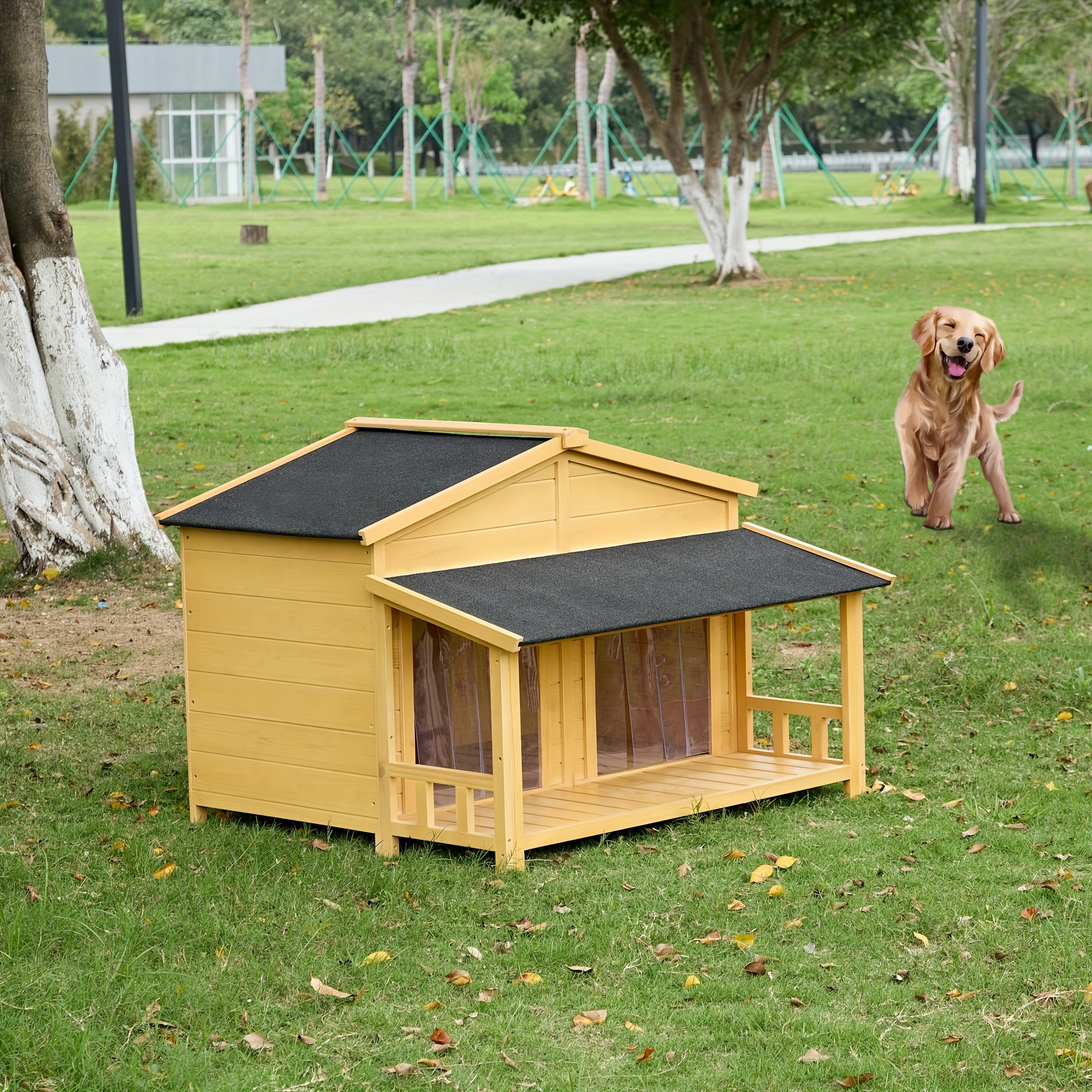 Dog House, Waterproof Dog Cage Kennel, Wooden Outdoor And Indoor Dog House  Style With Porch, Elevated Floor, Doors