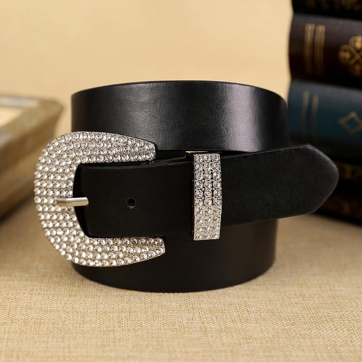 E-shop Damen Schwarzer PU-Gürtel mit Diamantschnalle, und Trendig, Unverzichtbar fürs Einkaufen, Geeignet für den Täglichen Gebrauch