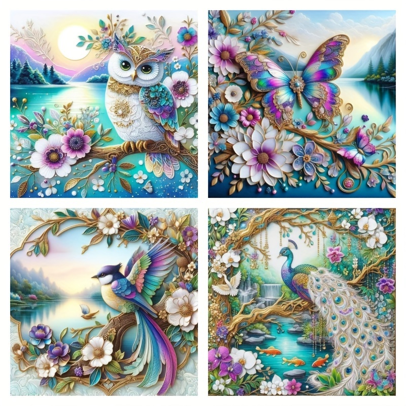 

5d Diamond Painting Kit Set Of 4 - Round Diamond Embroidery Art, Diy Craft Canvas Mosaic Featuring Owl, Butterfly, Hummingbird & Peacock