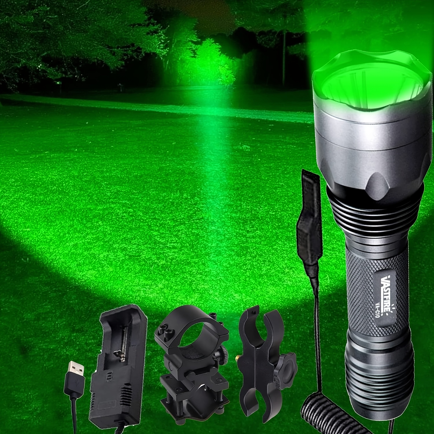 

Vastfire 350 Yard Led Green Flashlight Kit - Long Range Night Hunting Light With Dual Pressure For Switch, Aluminum Alloy, Battery Powered (no Rail Or Scope Mount Included)