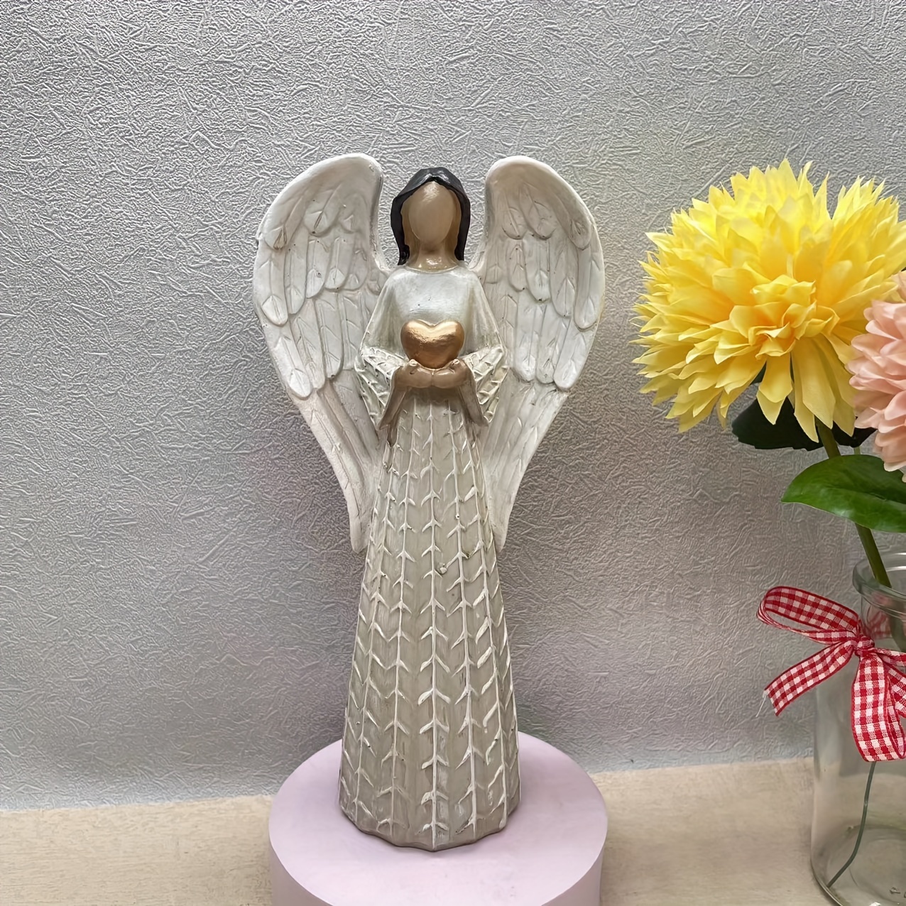 Image of 19cm Resin Wood Statue - Elegant / Tabletop Decor Suitable For Living Room, Bedroom,, - Wood Grain Decoration With Figure For Shelf, Mantel, Desk