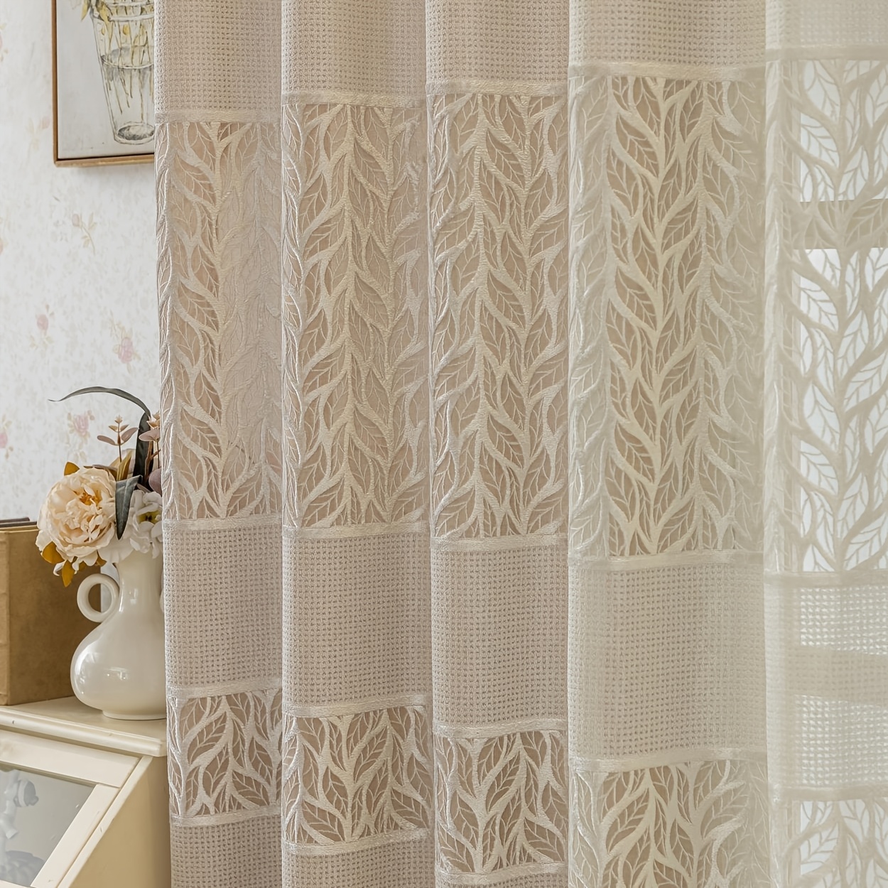 2pcs Bohemian Modern Thermal Insulating Blackout Curtains Suitable for, Horizontal Leaf Window Drapes with Champagne Color, Light Blocking Panels for, Panels for