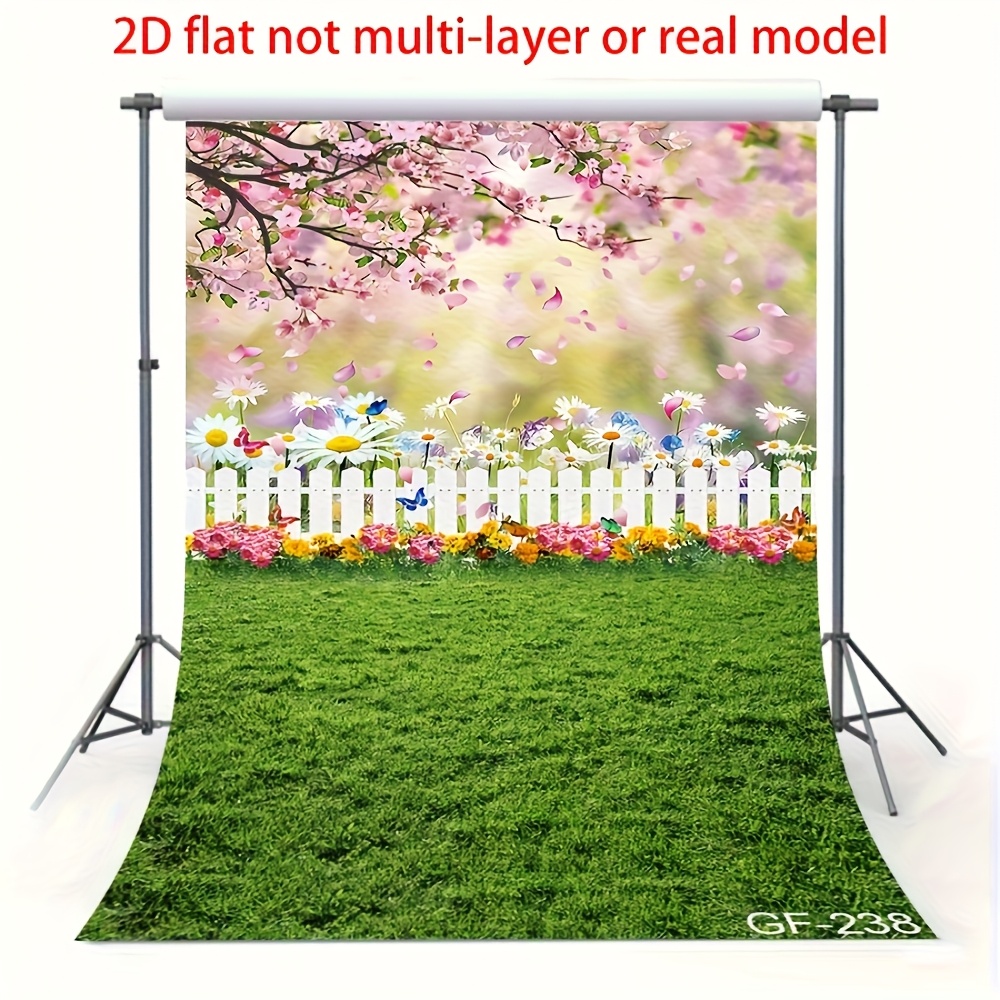 TEMU 2d Flat Banner, 1pc, Spring Easter Garden Photography Fabric Backdrop Green Grass Lawn Pink Floral Fence Background Baby Girl Kids Children