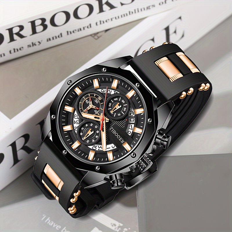 

2024 Advanced Classic Men's Watch Chronograph Calendar Brand Luxury Silicone Band Outdoor Casual Waterproof Sports Quartz Watch Men's Chronograph Clock, Without Battery