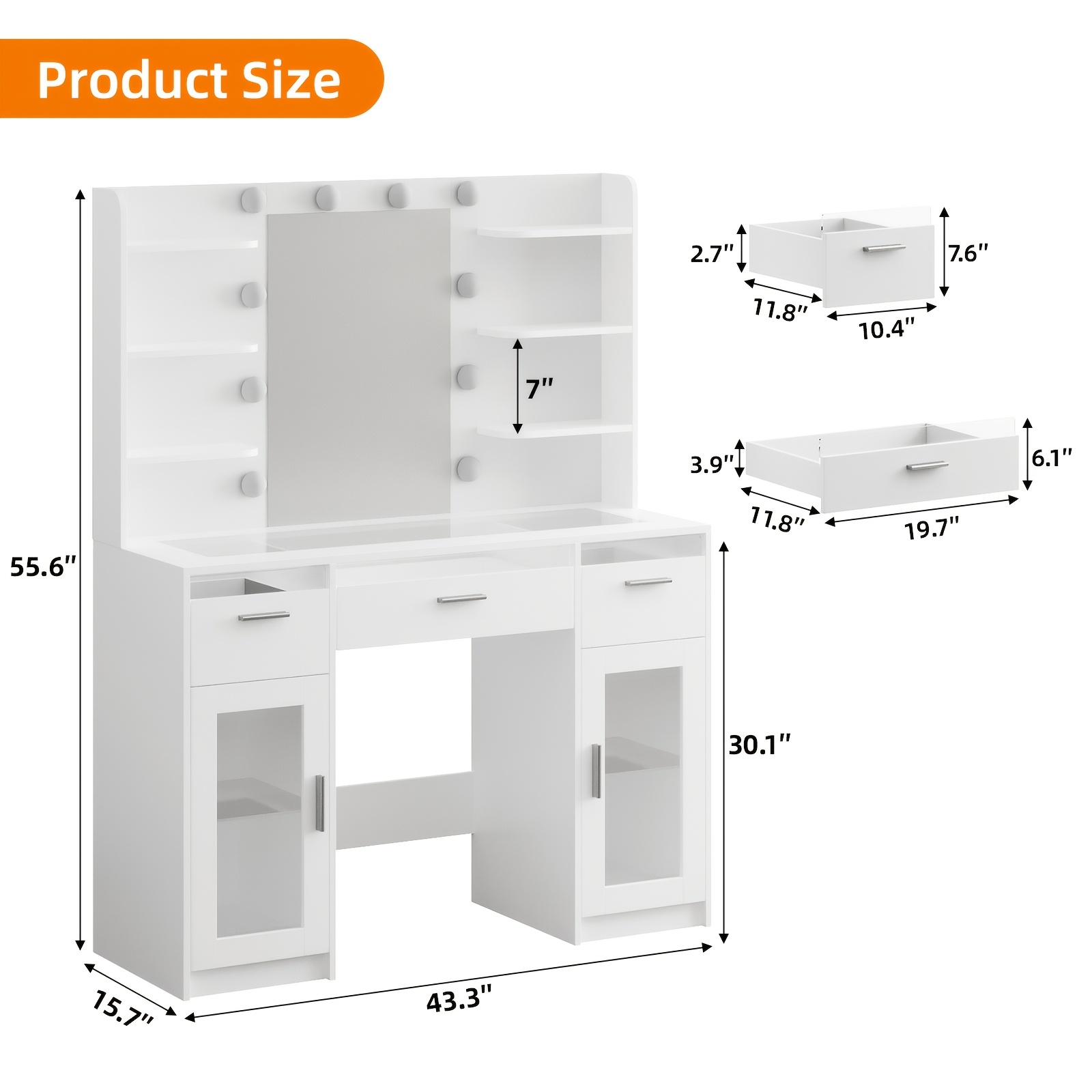 TOMNK Large Dressing Table with LED Mirror, Makeup Vanity, 3 Drawers, 4 Shelves, Ample Storage Space, Suitable for Bedrooms And Bathrooms, in White
