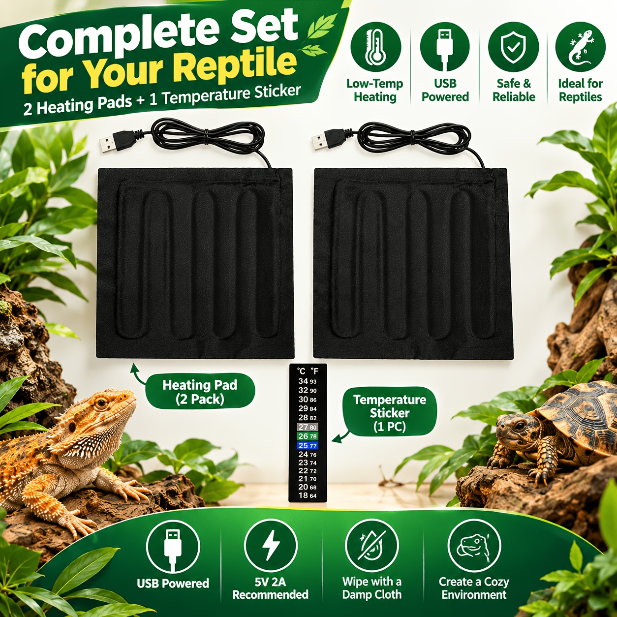 TEMU 2 Pack Ultrafish Reptile Heating Pad Suitable For Reptile Terrarium, Usb- Low-temperature Heating Mat With Temperature Sticker, Usb-