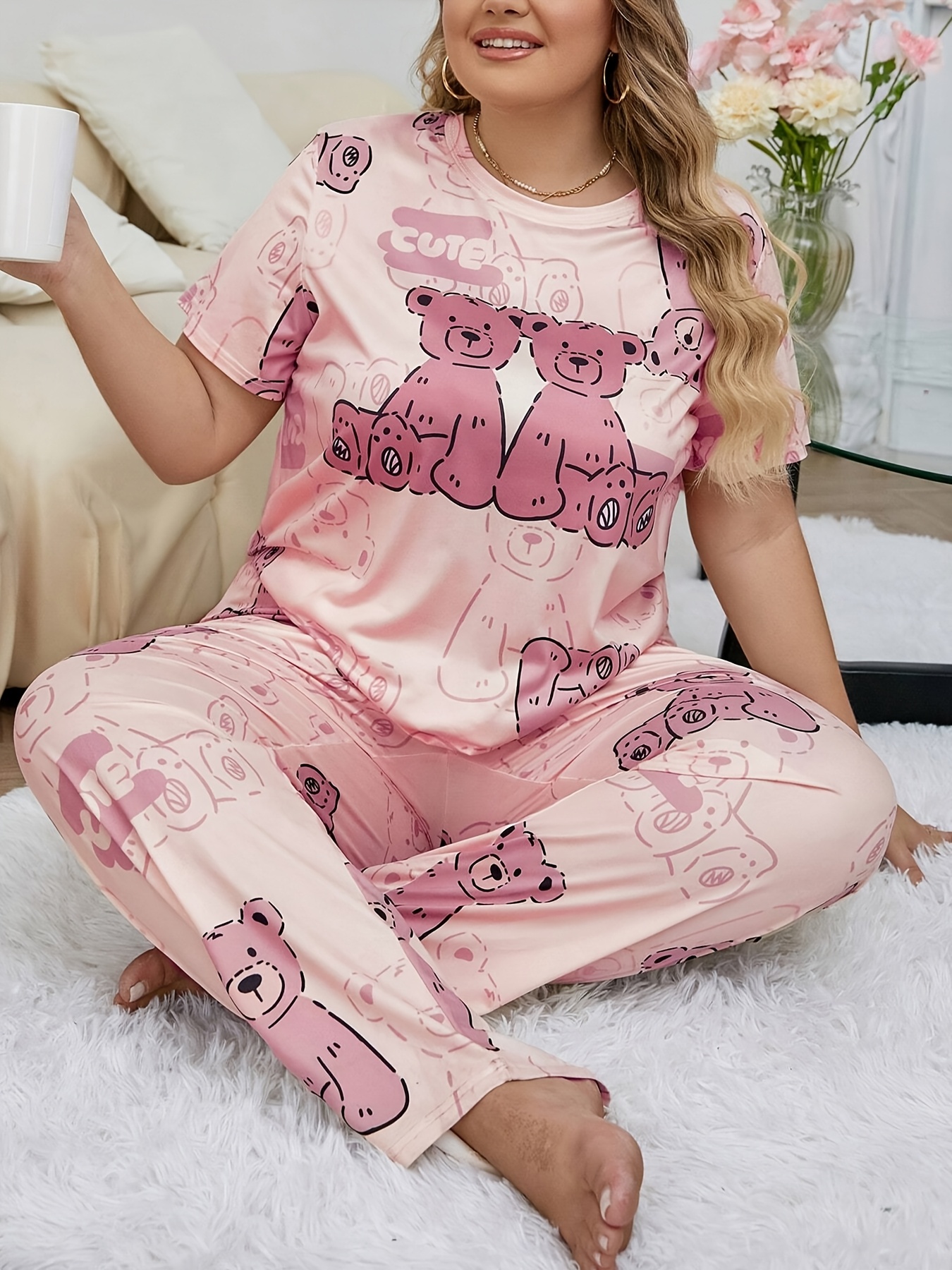 Plus Size Women's Cute Pajama Set, Cartoon Bear Print Short Sleeve Top and  Pants, Elegant Knit Sleepwear, Polyester, Round Neck, Elastic Fabric, Casua - Main Image