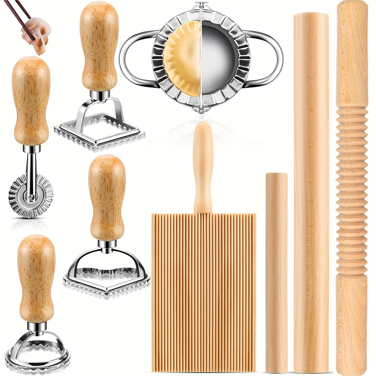 

9pcs Pasta Making Tools Set, Wood Gnocchi Board, Noodle Cutter, Wooden Rolling Pin, Stamp For Homemade Maker