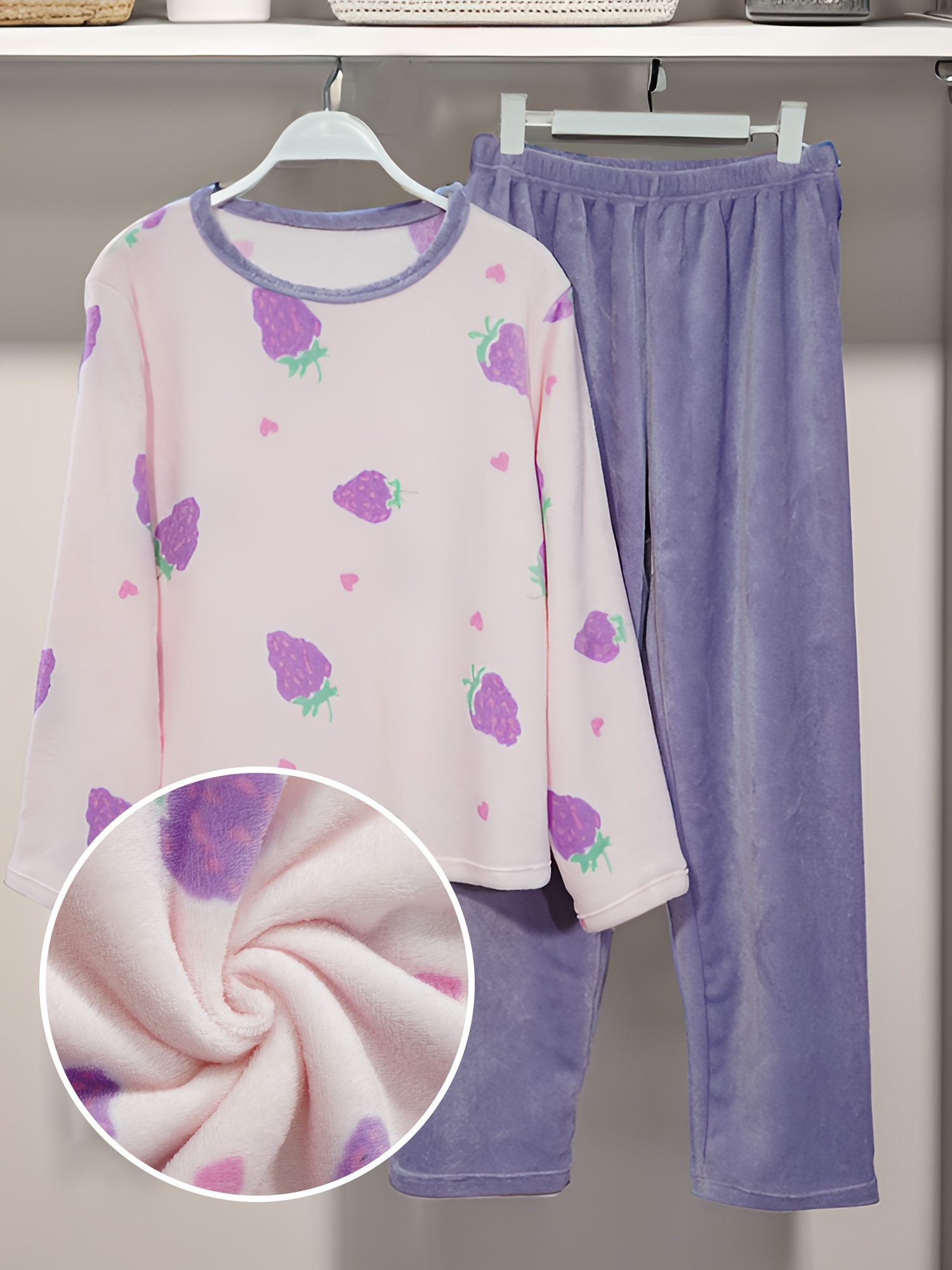 set elegante pigiama in pile donna stampa frutta e Temu