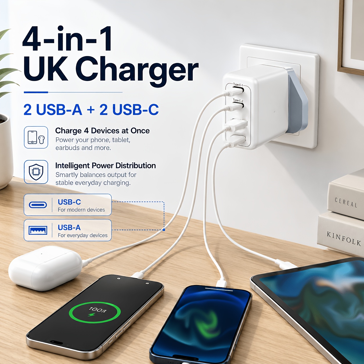 2A2C UK Plug Multi 4 USB Ports Smart Charging Block