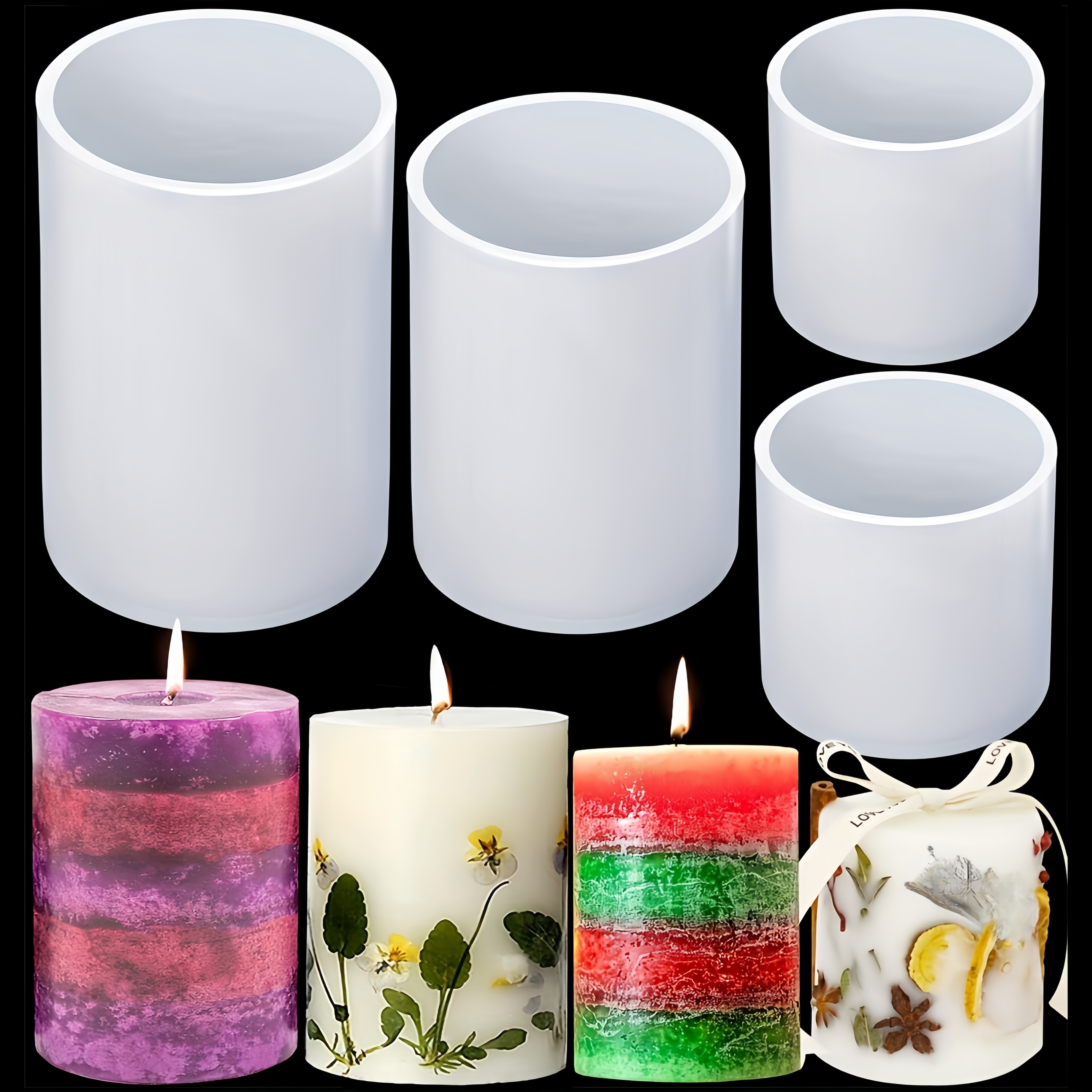 4pcs Cylinder Candle Molds For Candle Making, Or 100pcs Wick Additions Kit, 4in & 3in & 2in Silicone Candle Mold Pillar Epoxy Resin Casting Molds For Crafts, Wax Candle Making, Soaps