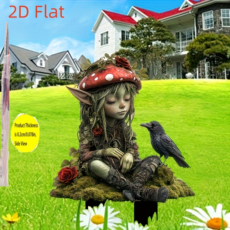 E-shop 2D Flache Gartenstecker-Dekoration - Verzauberte Pilzfee & Krähen-Design, Verspielte Märchenhaftes Außendeko für Ostern, Moderner Gartenschmuck,