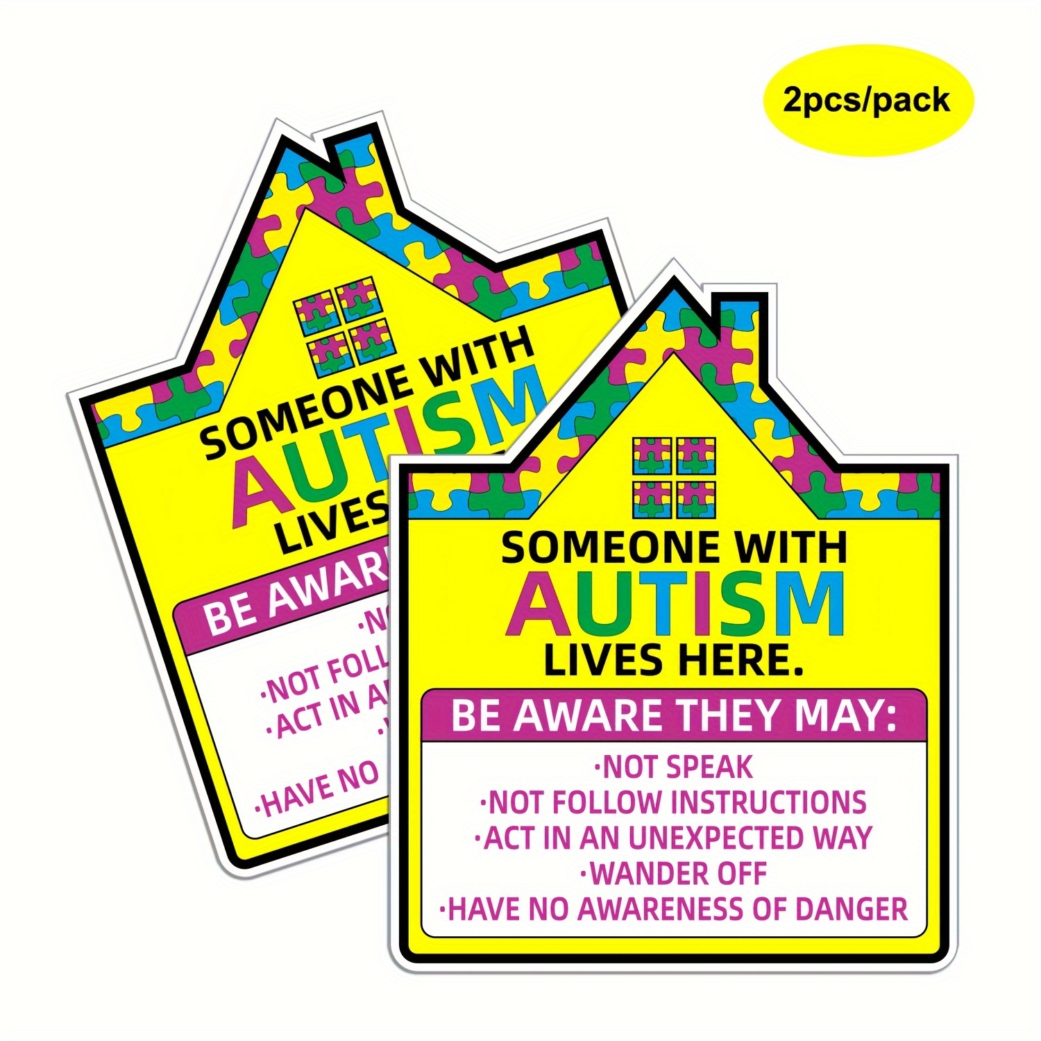 

2 Pack Autism Awareness Pvc Sticker Labels 5x4 Inch - All- Waterproof & Sun-resistant Vinyl Decals For - English Text " With Autism Lives Here" Safety Warning Signs