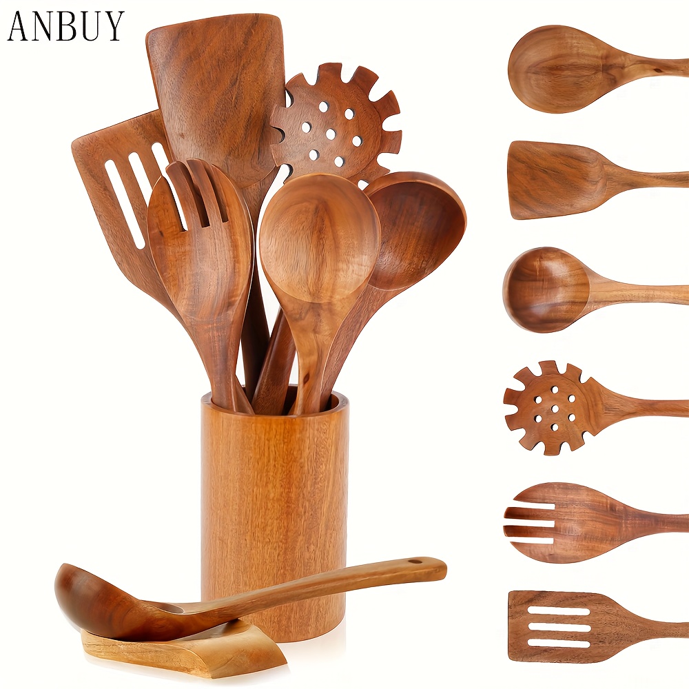 

8 Pcs Wooden Kitchen Utensil Set, Wooden Spoons For Cooking, Teak Wood Utensils With Holder And Spoon Rest, Non-stick Kitchen Utensils Set, Spatula Set With Holder