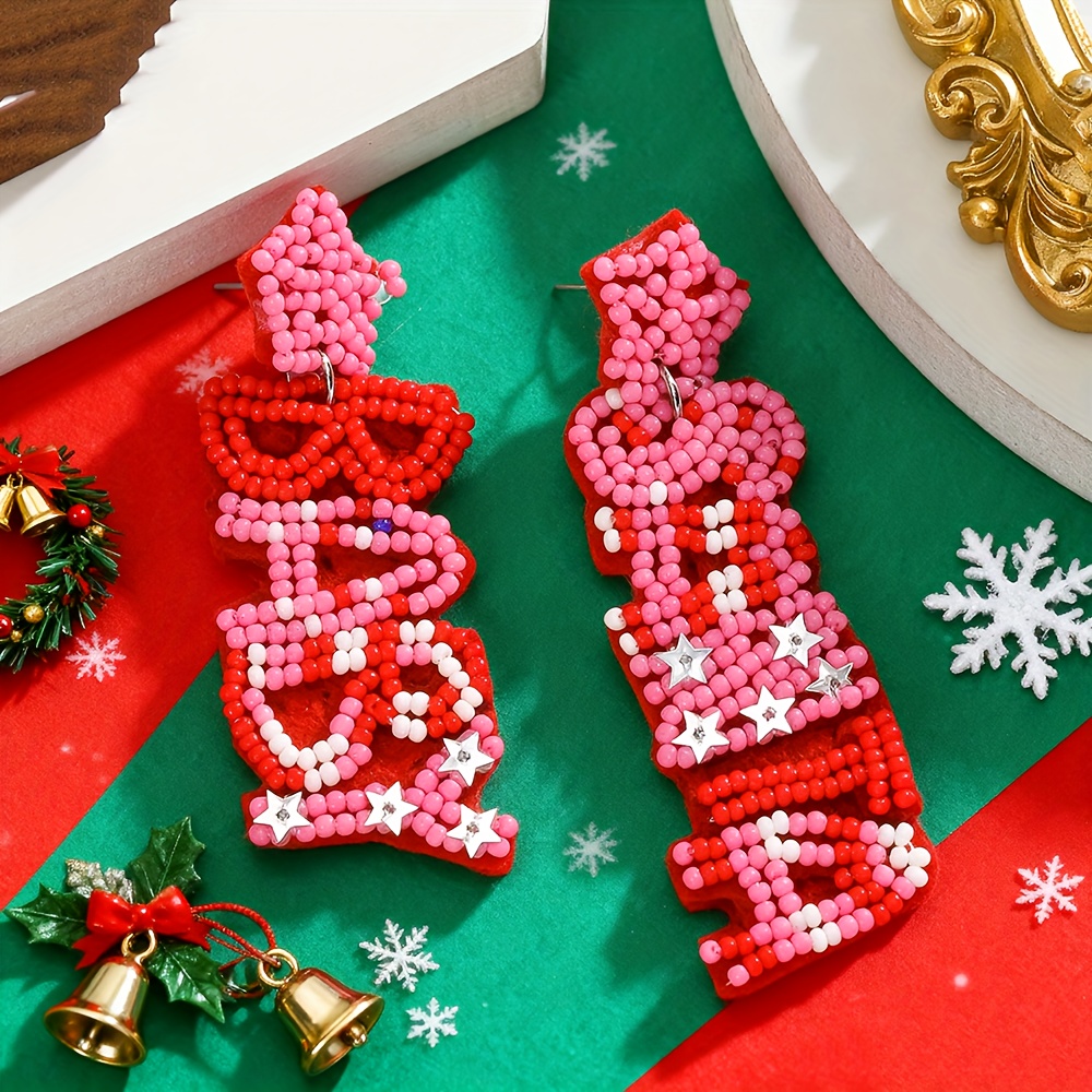 TEMU A Pair Of Handmade Beaded Christmas Earrings With A Bohemian Style, Featuring Letter Designs And Star Additions, Perfect For Women - An Ideal
