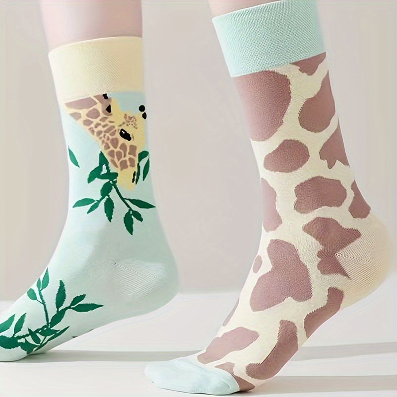 

1 Pair Unisex Knee-length Animal Print Socks, Comfortable Non-irritating Polyester Knit Fabric, Giraffe Pattern Ab Socks