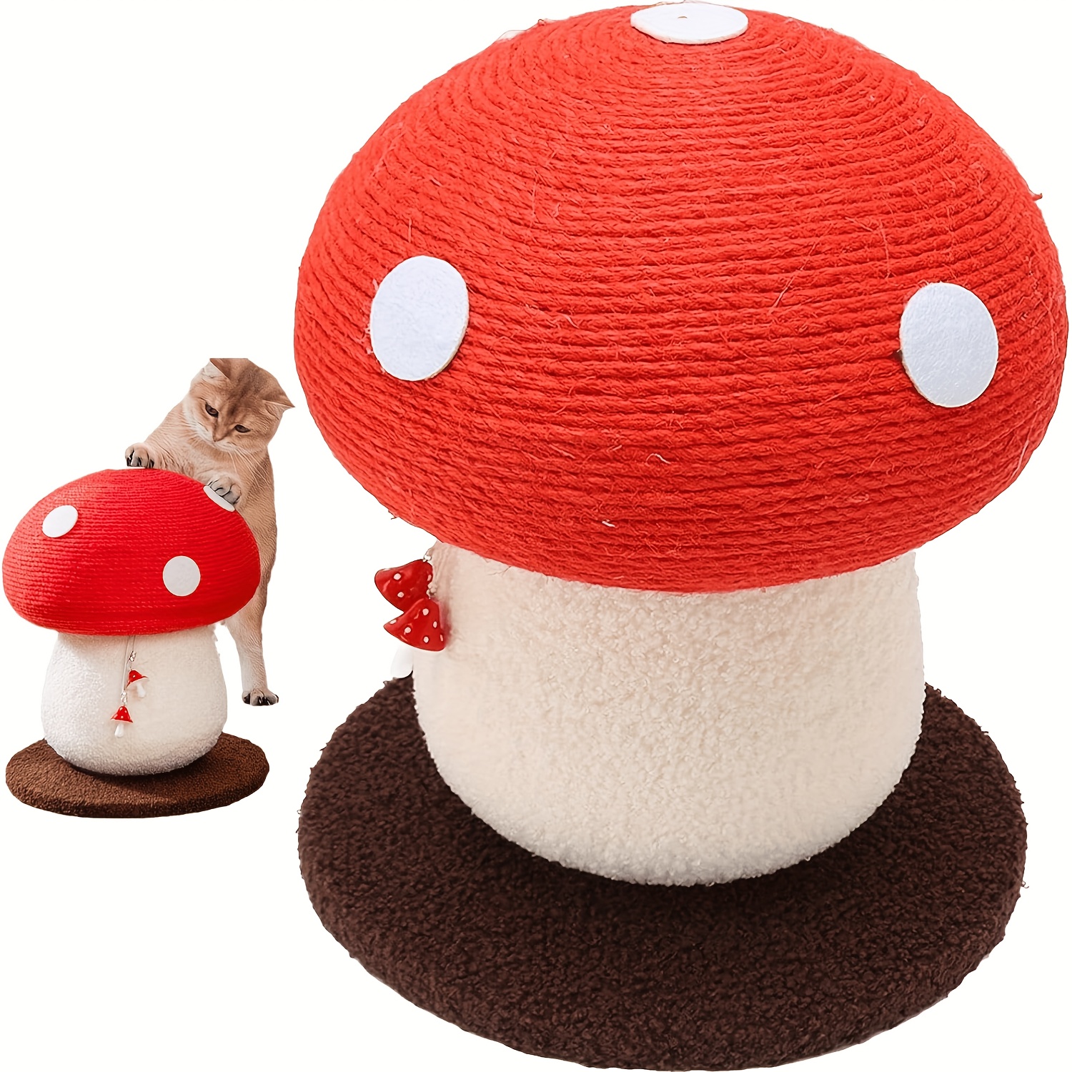 

Mushroom-shaped Cat Scratching Post - Sisal Rope With Plush Base & White Spots, Includes Hanging Toy Ball - Ideal For Indoor Cats