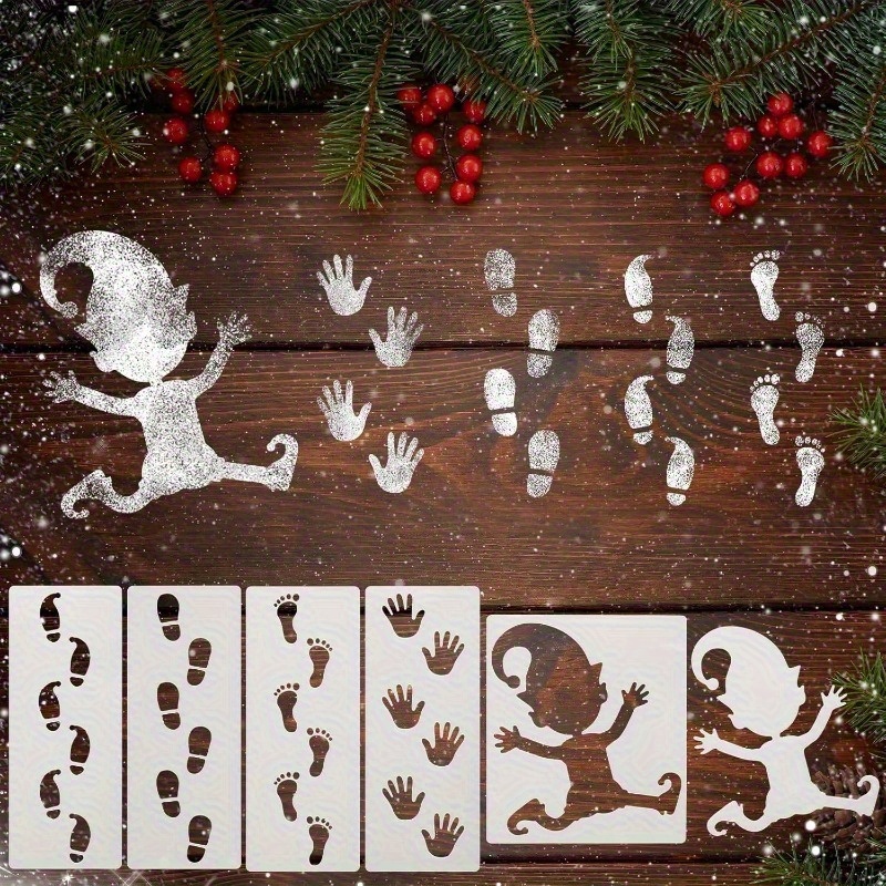 TEMU 6pcs/12pcs Christmas Gnome Stencil Set With Footprints And Handprints, Plastic Drawing Templates, Christmas Footprint Stencils, Gnome Craft
