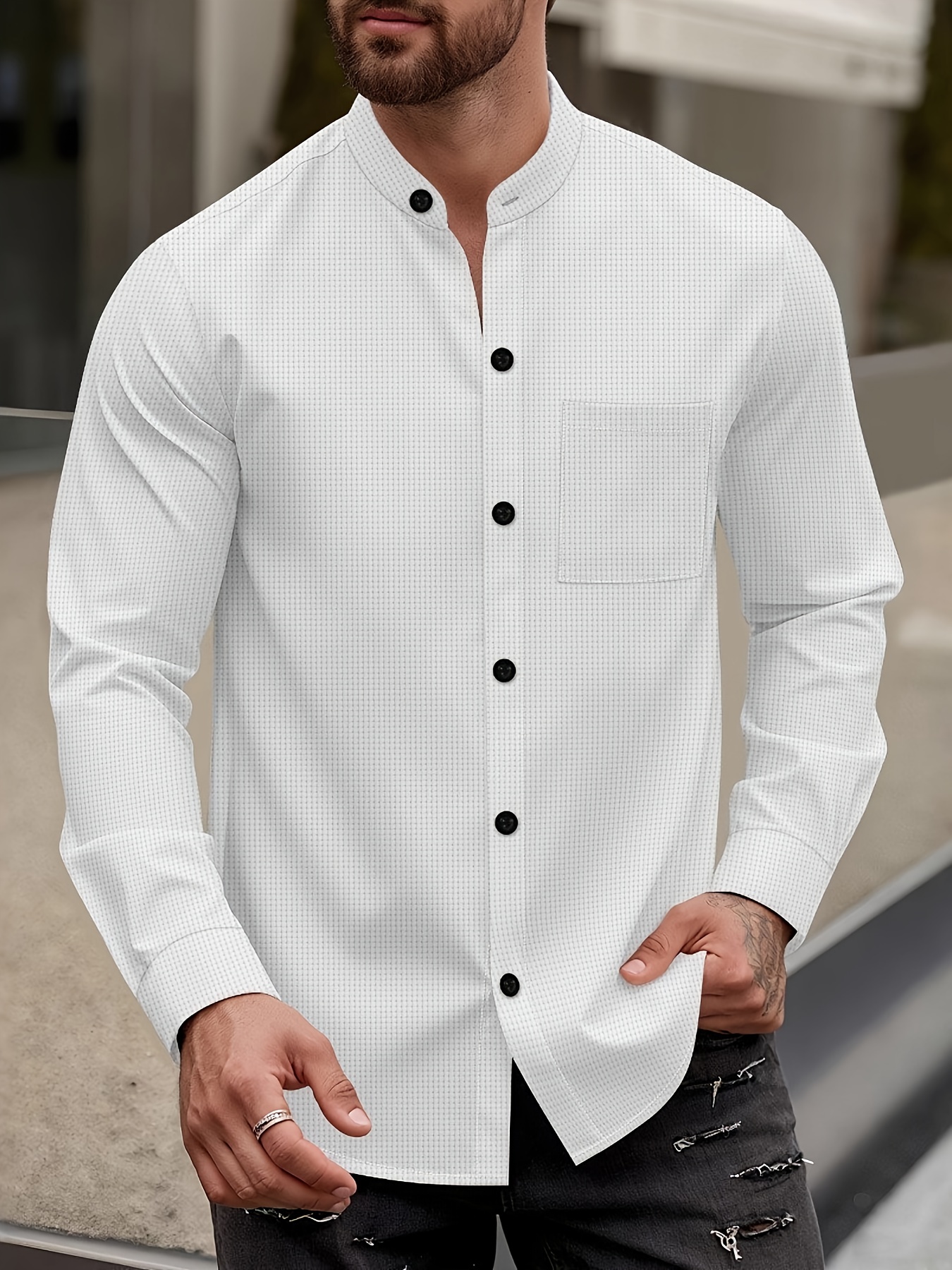 قميص رجالي عملي بتصميم وافل وياقة مستقيمة للعمل
