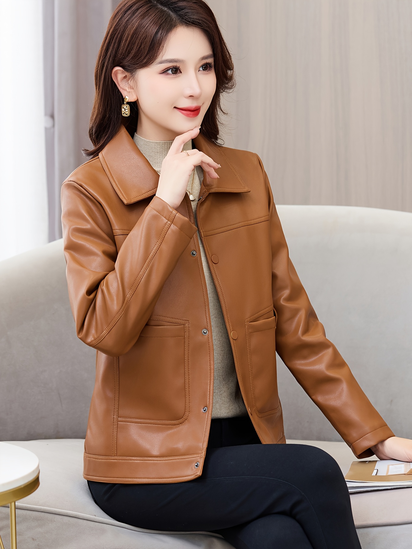 retro damen pu lederjacke braune langarm oberbekleidung Temu Germany