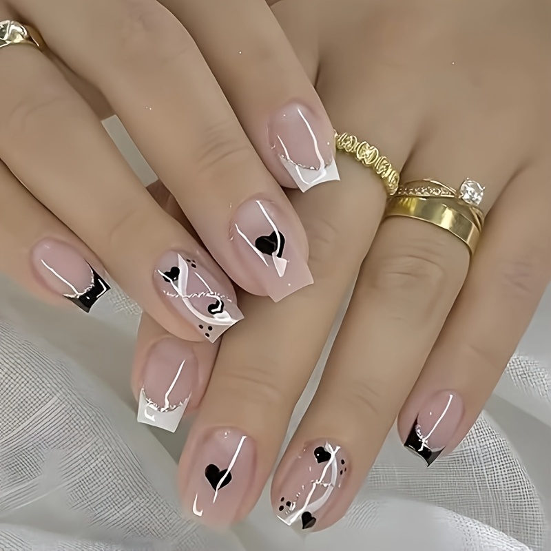 TEMU Love Press On Nails Black Heart False Nails Nue Glue On Nails Artificial Acrylic Nails Full Cover Short Square Stick Nails White Black French Tip Fake Nails Women Nail Art