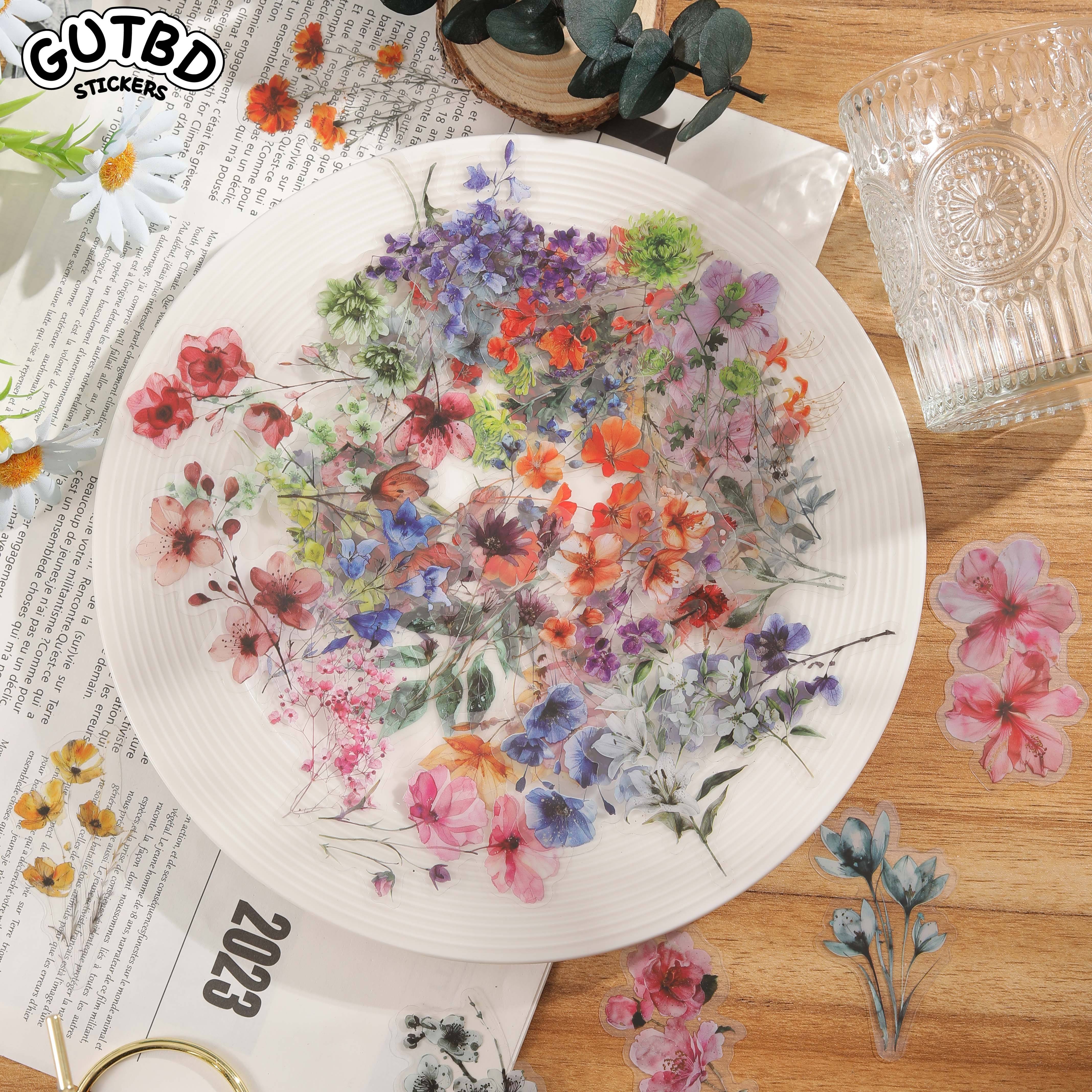 50pcs Of Cute And Creative Flower Plant Stickers For Projects, Hand Tents, Labeling, Scrapbooking Materials, And Journal Supplies. Are Transparent Stickers