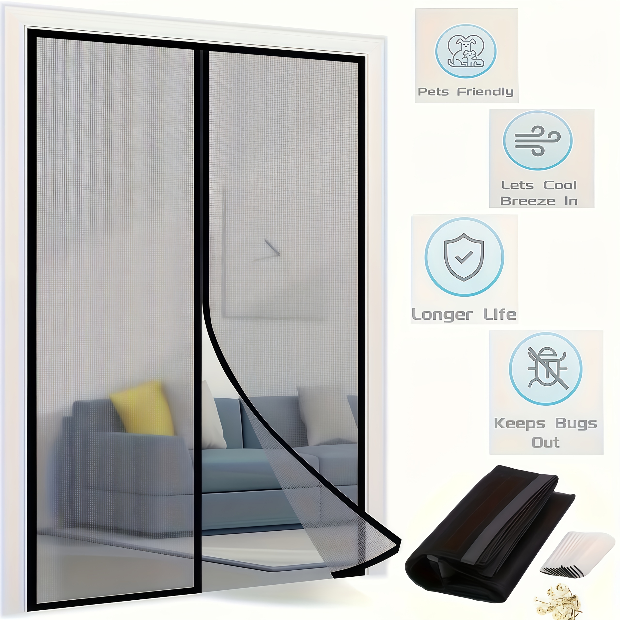 a heavy duty self sealing magnetic screen door tool free installation with dual fixation using magnetic strips and   suitable for   designed for front back doors patios