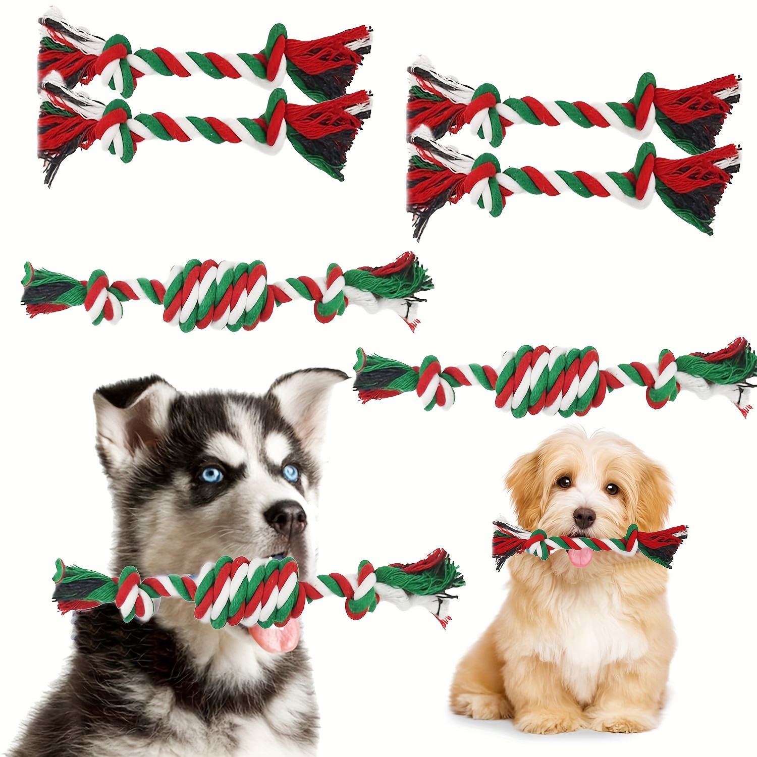 

6 Pack Linen Christmas Dog Rope Toys Set - Festive Durable Chew Toys For Puppy And Medium Dogs, Assorted Twisted Play Ropes For Dental Health