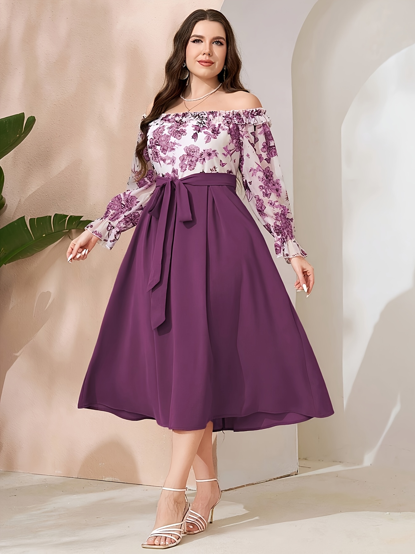 Talla Vestido largo de flores con hombros descubiertos para mujer,  talla poliéster, colección */verano con de