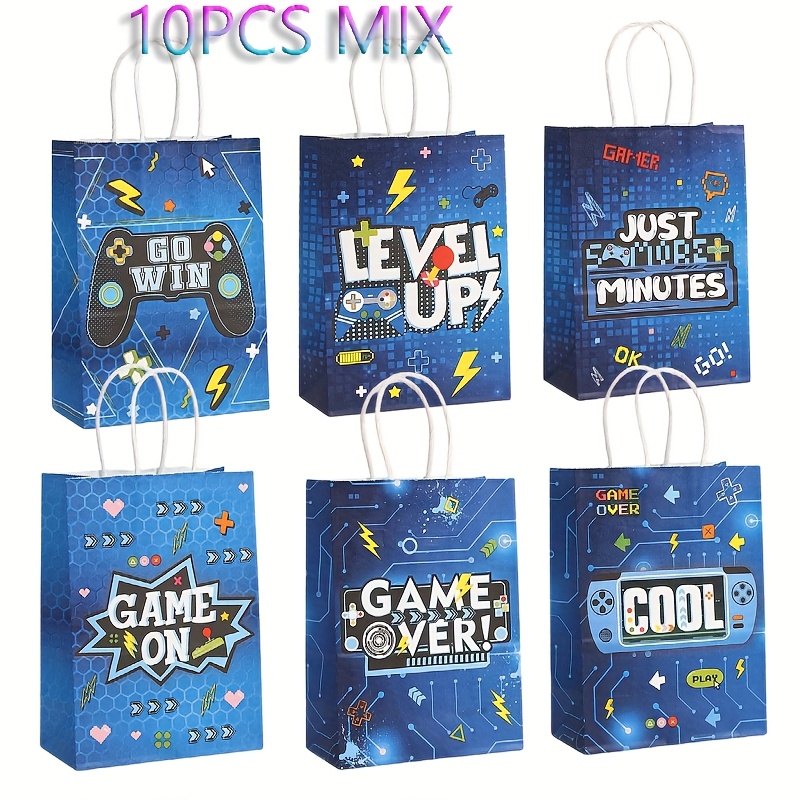 E-shop 10 Stk. Wiederverwendbare Gaming-Partybeutel mit Griffen - Lebendige Blaue Spiel-Themen (LEVEL UP, , GO WIN) & Langlebiges Papiermaterial für