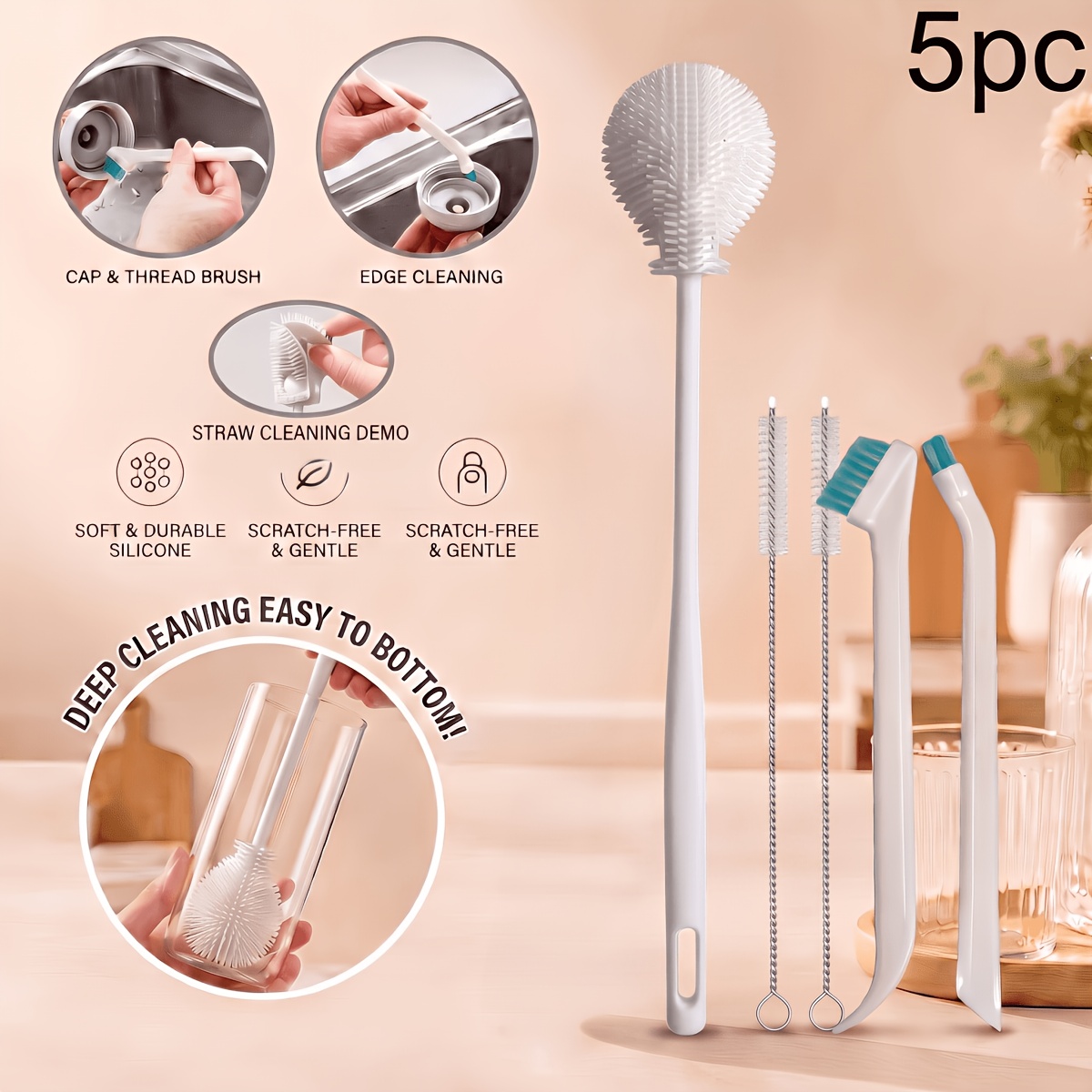 TEMU 5pcs | Multipurpose Home Cleaning Brush Cup Set | Cup Brush, Straw Brush, Cup Lid Crevice Brush, Long Handle Cup Brush And Extended Cup Washing