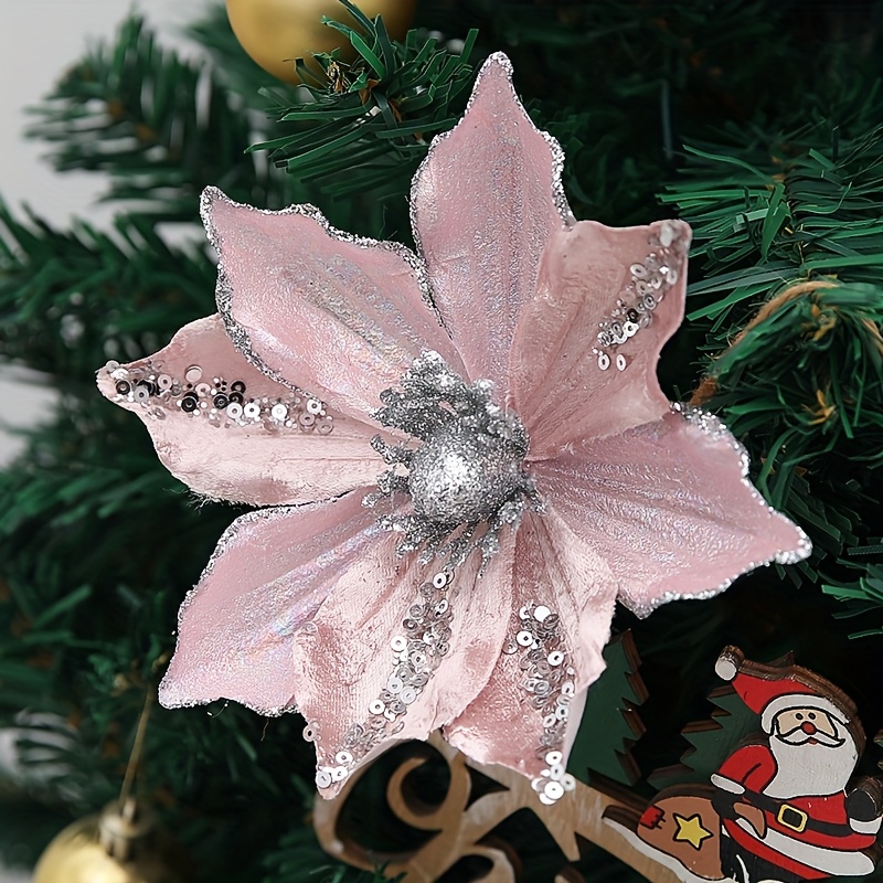 TEMU Set Of 6 Artificial Pink Poinsettia Flowers For Christmas Tree Decoration, Complete With Stems And Glitter, Perfect For Wreaths, Weddings,