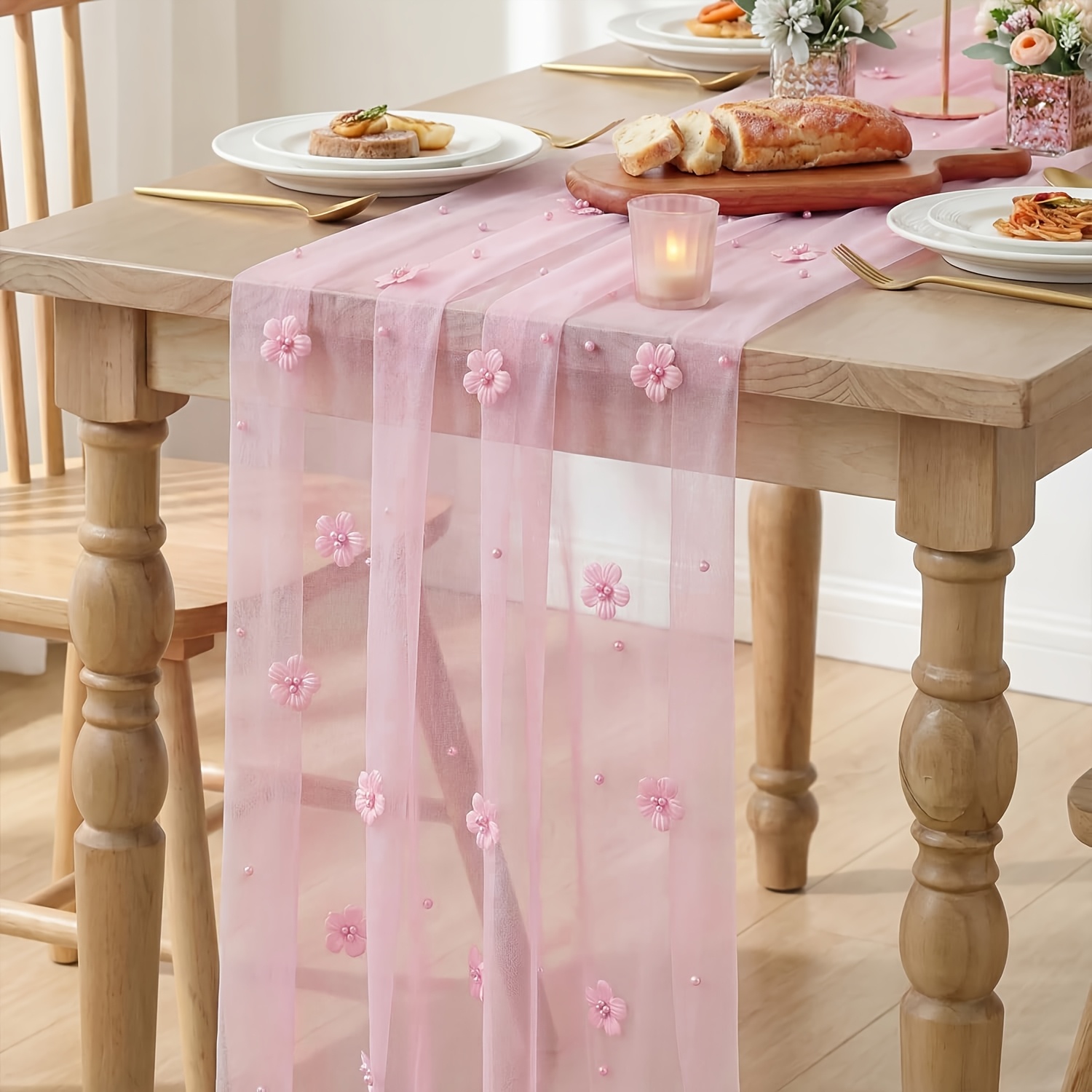 TEMU Runner da rosa da 1m/2m/ con fiori di perle e tessuto in tulle - Elegante per matrimoni, compleanni, decorazioni per tavole da per feste,