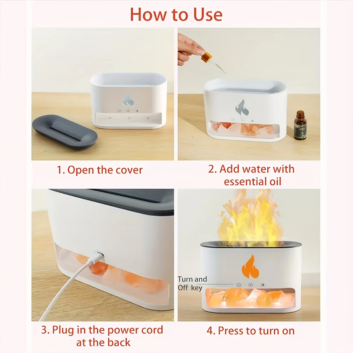 salt stone humidifier aroma diffuser with high fog volume usb powered simulated flame color changing night light essential oil diffuser for office desktop gift 1pc details 5