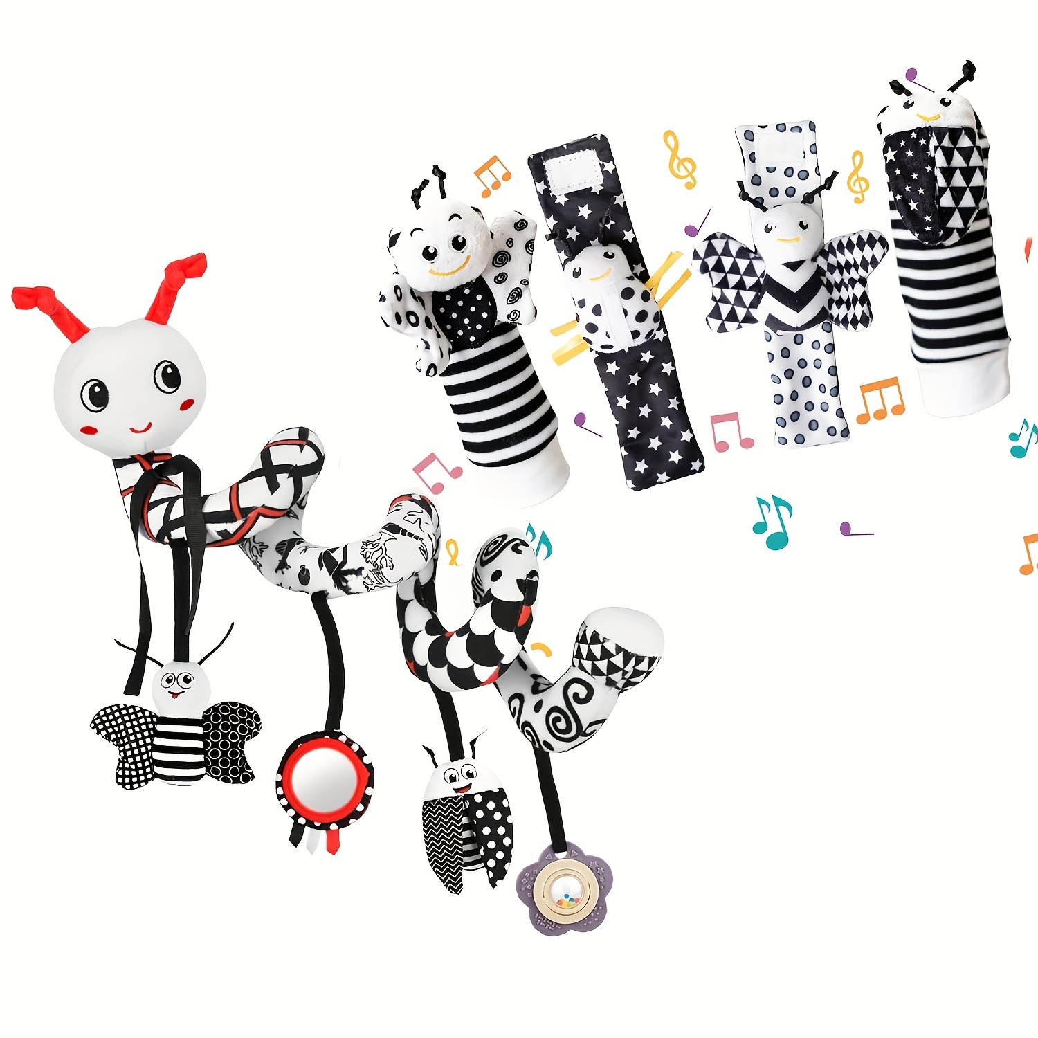 TEMU Baby Musical Rattles & Sensory Car Seat Toys Suitable For Babies - Newborn Spiral Plush Stroller Activity Toys With 4 Hanging Pendants, Rattle