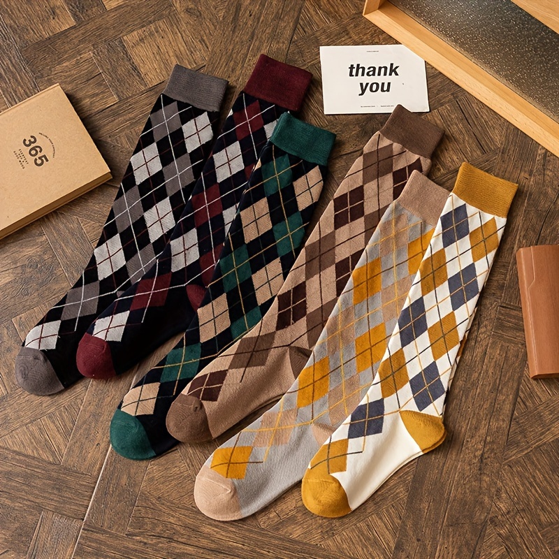 

3pcs Vintage British Plaid Knee-high Socks For Women - Cotton Blend, Stretchy & Comfortable, Perfect For Fall/winter